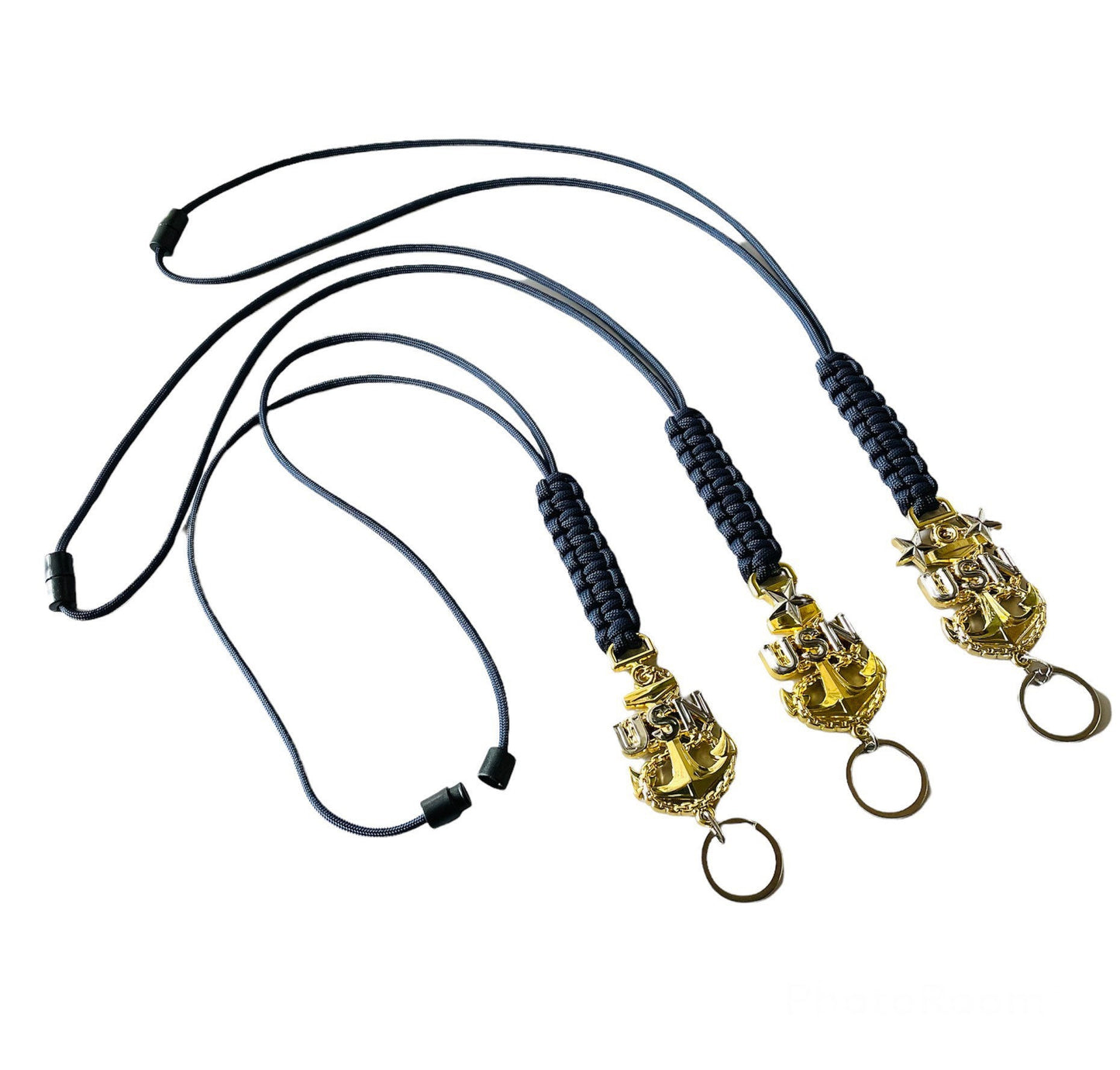 USN E7/E8/E9 Gold Anchor with Navy Blue paracord lanyard.