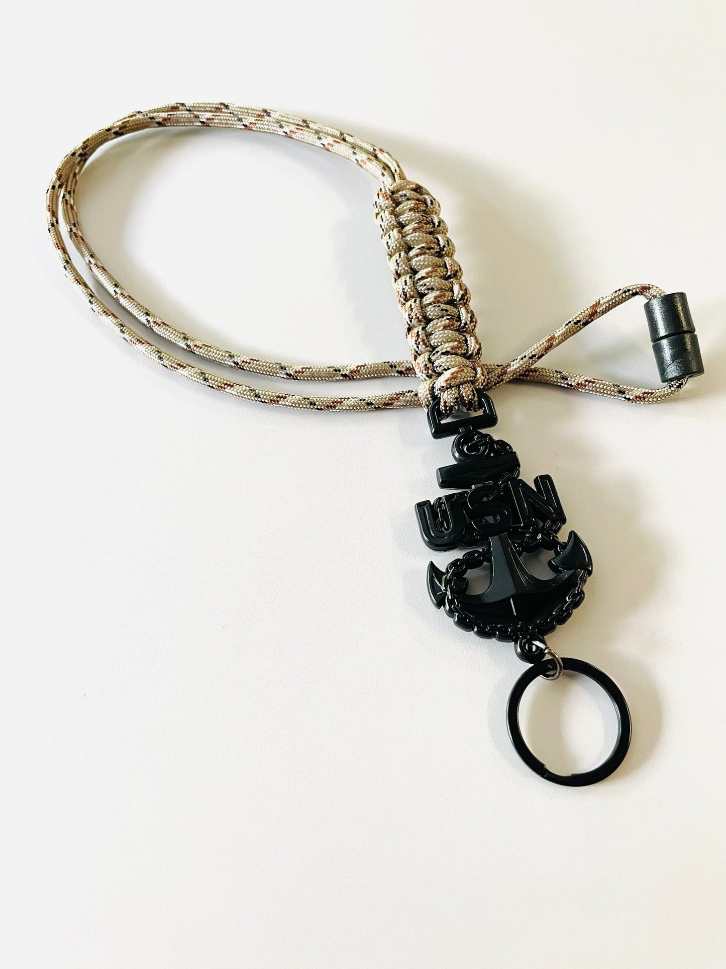 USN E7/E8/E9 Black Anchor with Desert Camo Paracord Neck Lanyard.