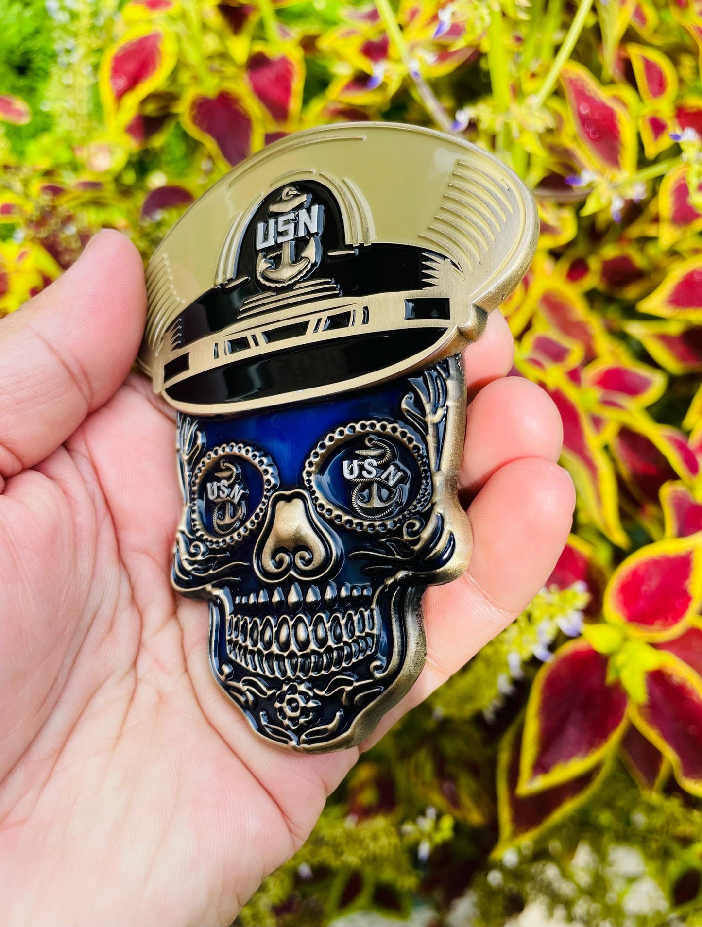 4” Sugar Skull Chief Petty Officer Tribal Anchor Challenge Coin.
