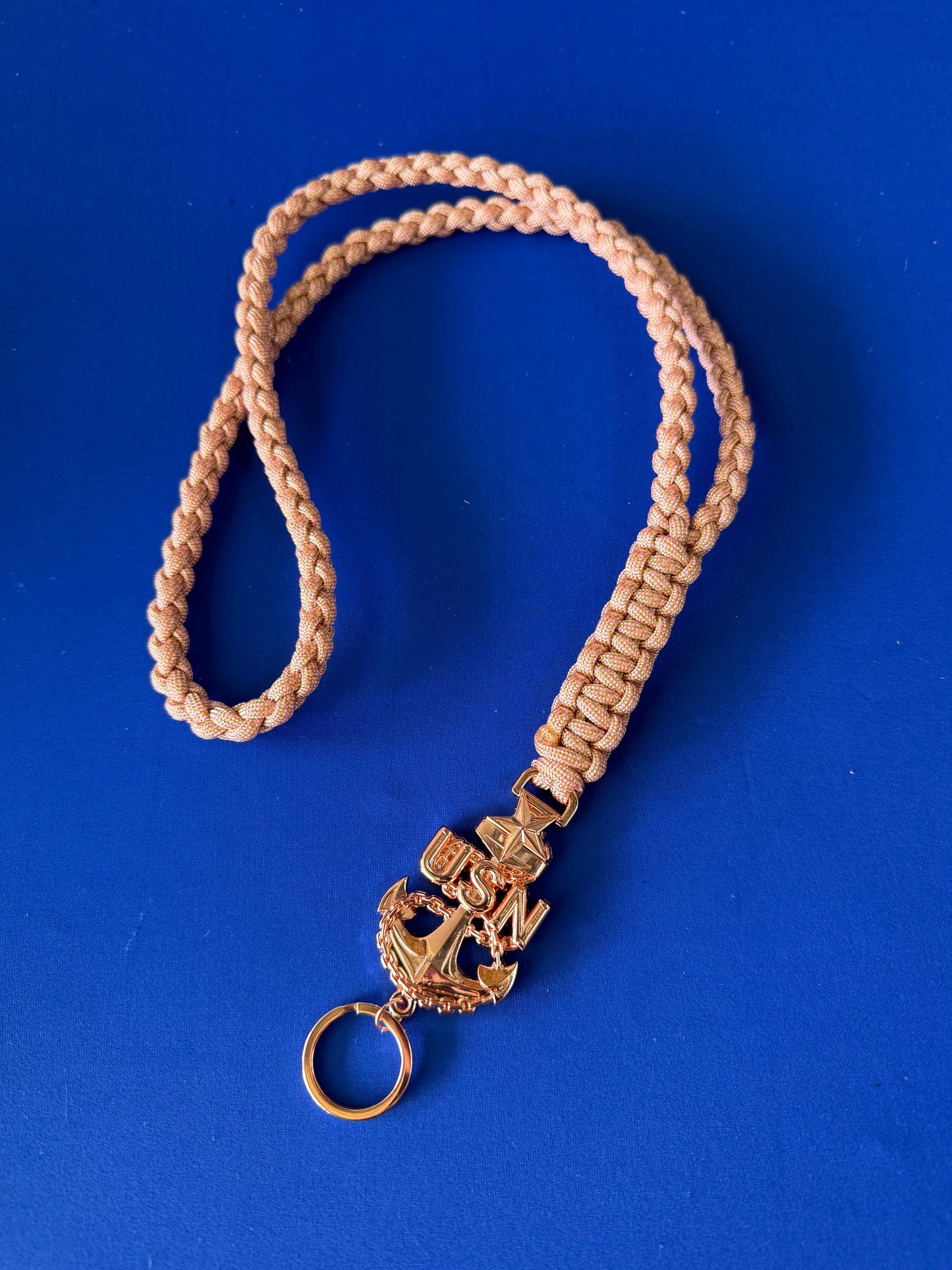 USN E7/E8/E9 Rose Gold Anchor with Gold and Rose Pink Diamond Paracord Neck Lanyard.