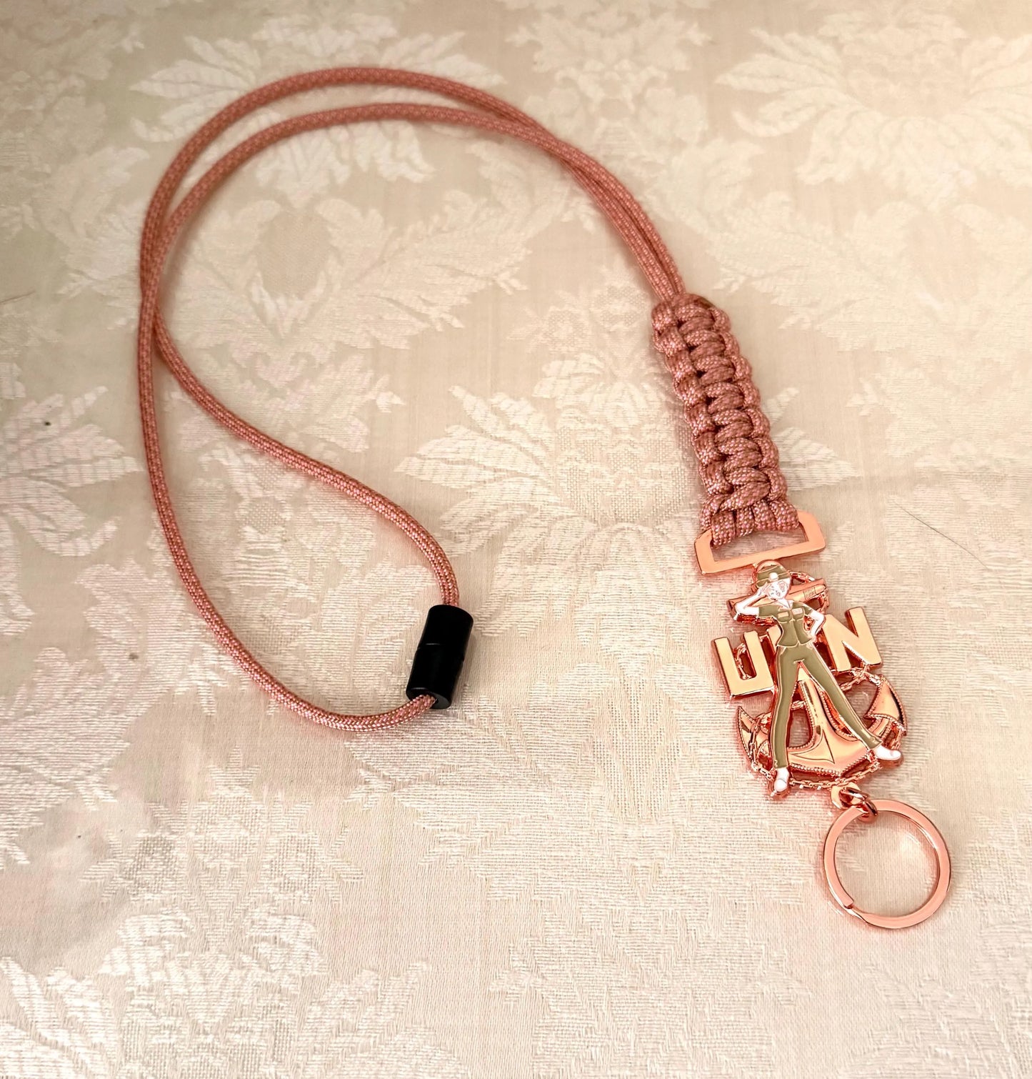 USN E7/E8/E9 Chick Chiefs Rose Gold Anchors with Rose Pink Diamond Paracord Neck Lanyard.