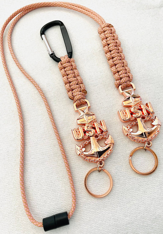 USN Rose Gold SCPO Paracord Keychain or Neck Lanyard.