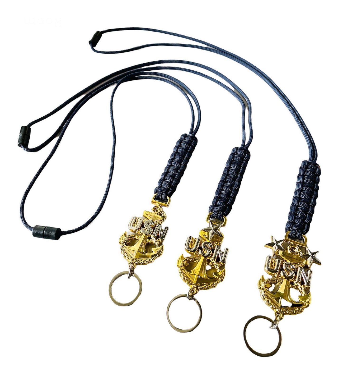 USN E7/E8/E9 Gold Anchor with Navy Blue paracord lanyard.