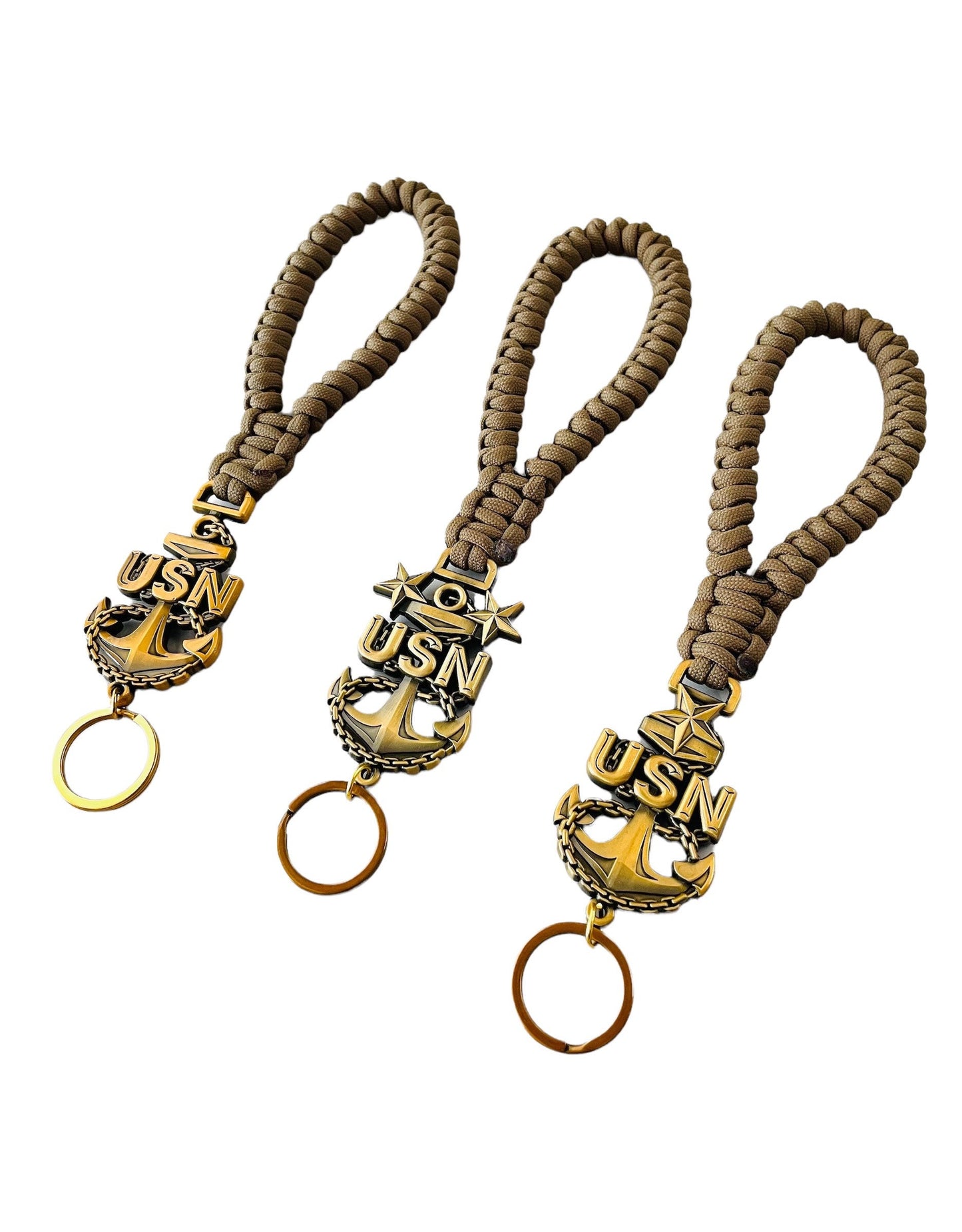 USN E7/E8/E9 Paracord Keychains/Key Fob Antique Gold Anchors