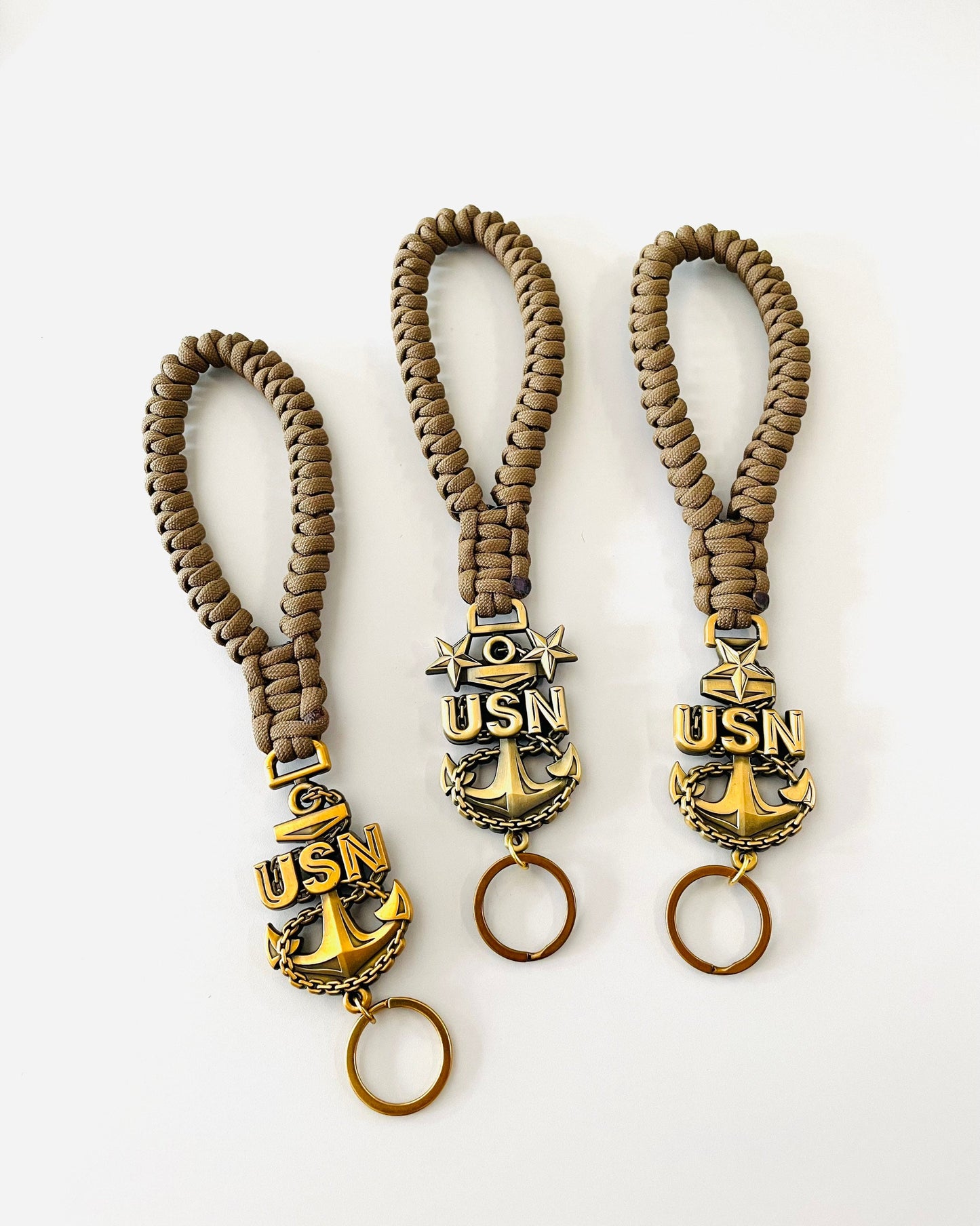 USN E7/E8/E9 Paracord Keychains/Key Fob Antique Gold Anchors