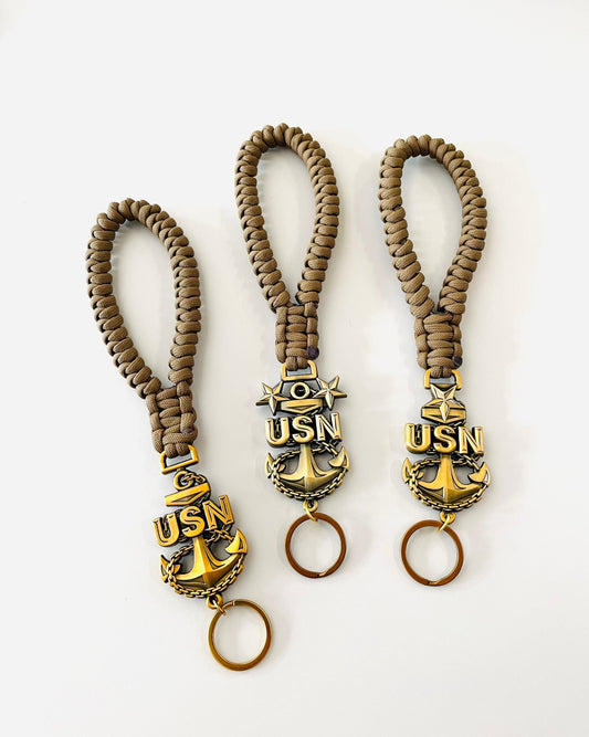 USN E7/E8/E9 Paracord Keychains/Key Fob Antique Gold Anchors