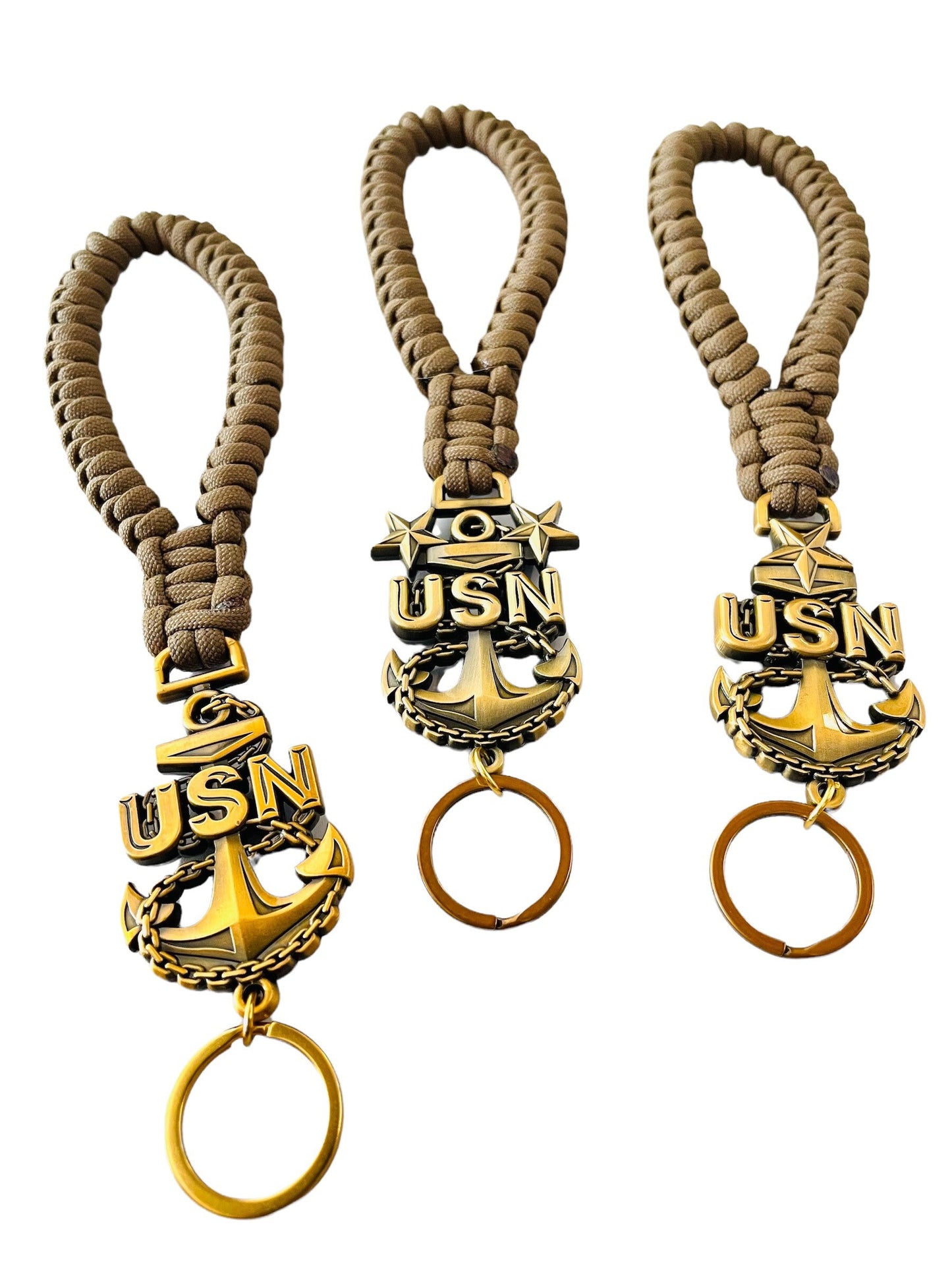 USN E7/E8/E9 Paracord Keychains/Key Fob Antique Gold Anchors