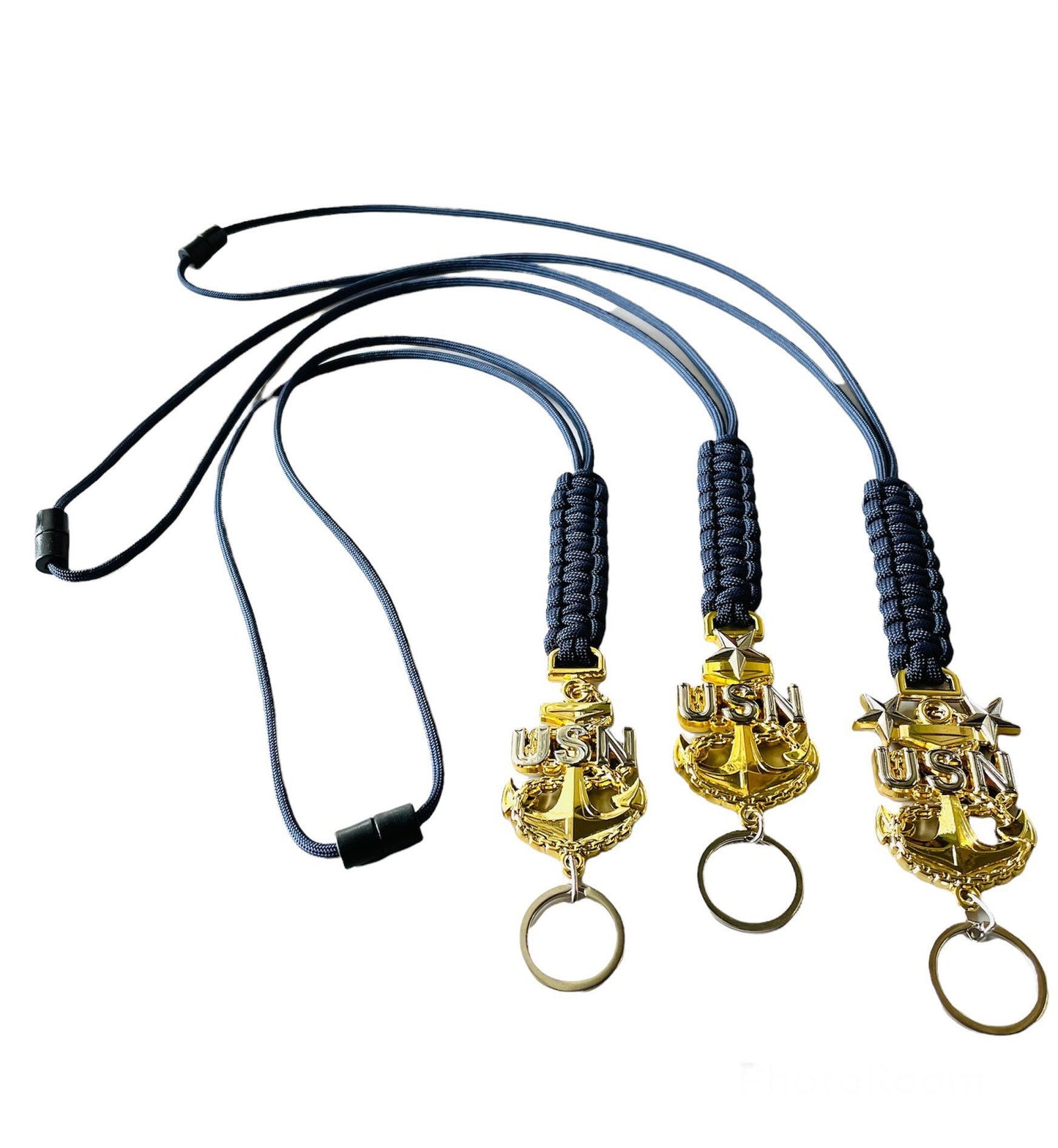 USN E7/E8/E9 Gold Anchor with Navy Blue paracord lanyard.