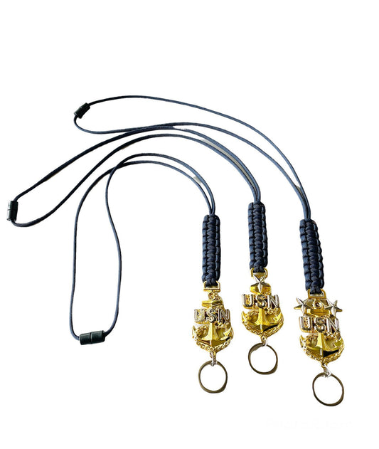 USN E7/E8/E9 Gold Anchor with Navy Blue paracord lanyard.