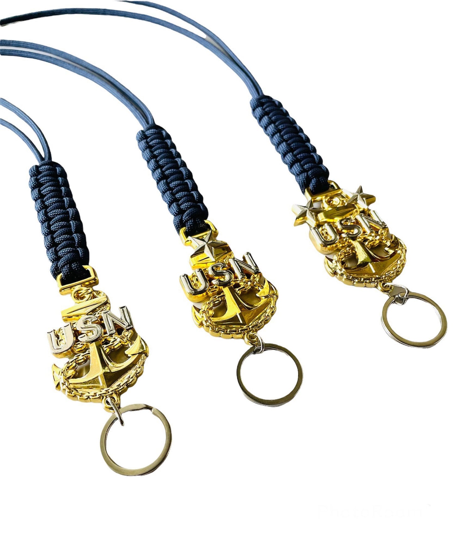 USN E7/E8/E9 Gold Anchor with Navy Blue paracord lanyard.