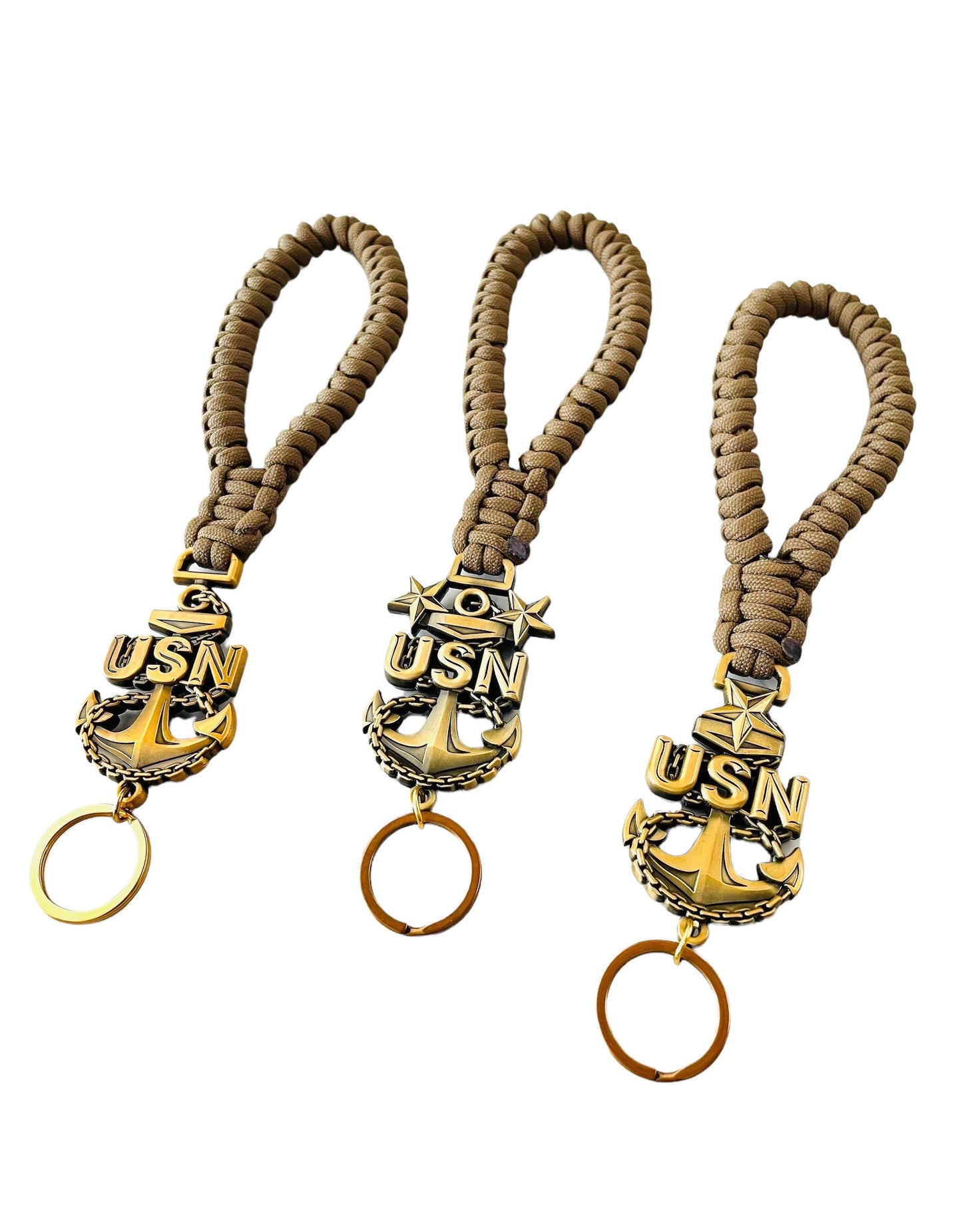 USN E7/E8/E9 Paracord Keychains/Key Fob Antique Gold Anchors