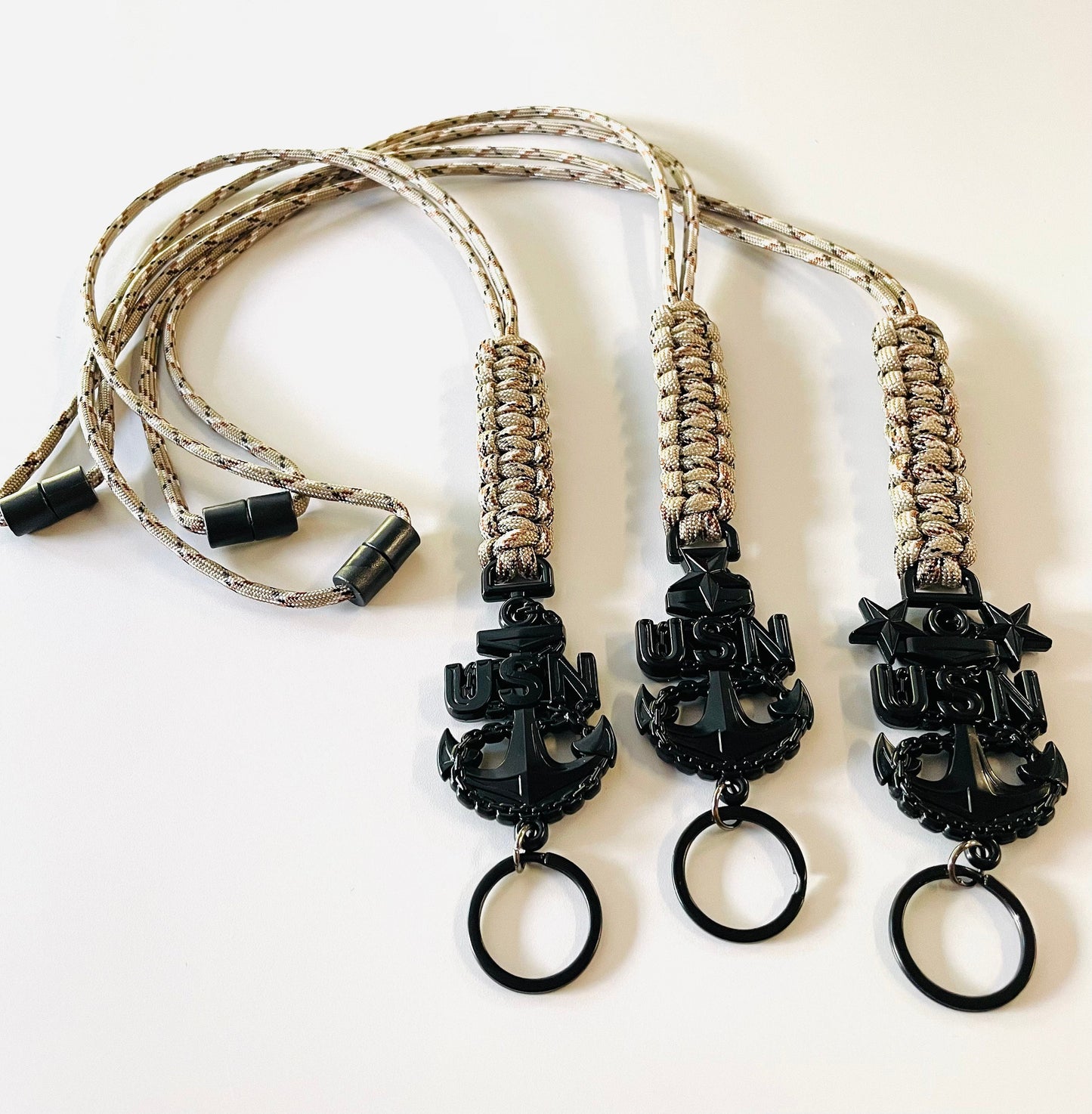USN E7/E8/E9 Black Anchor with Desert Camo Paracord Neck Lanyard.
