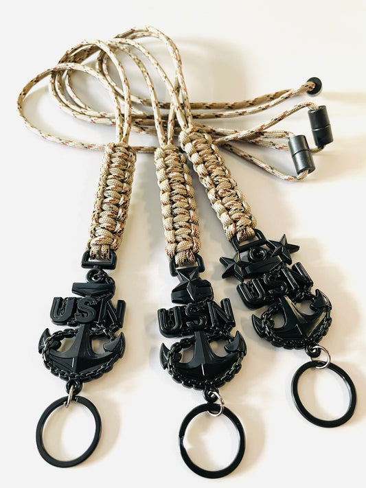 USN E7/E8/E9 Black Anchor with Desert Camo Paracord Neck Lanyard.