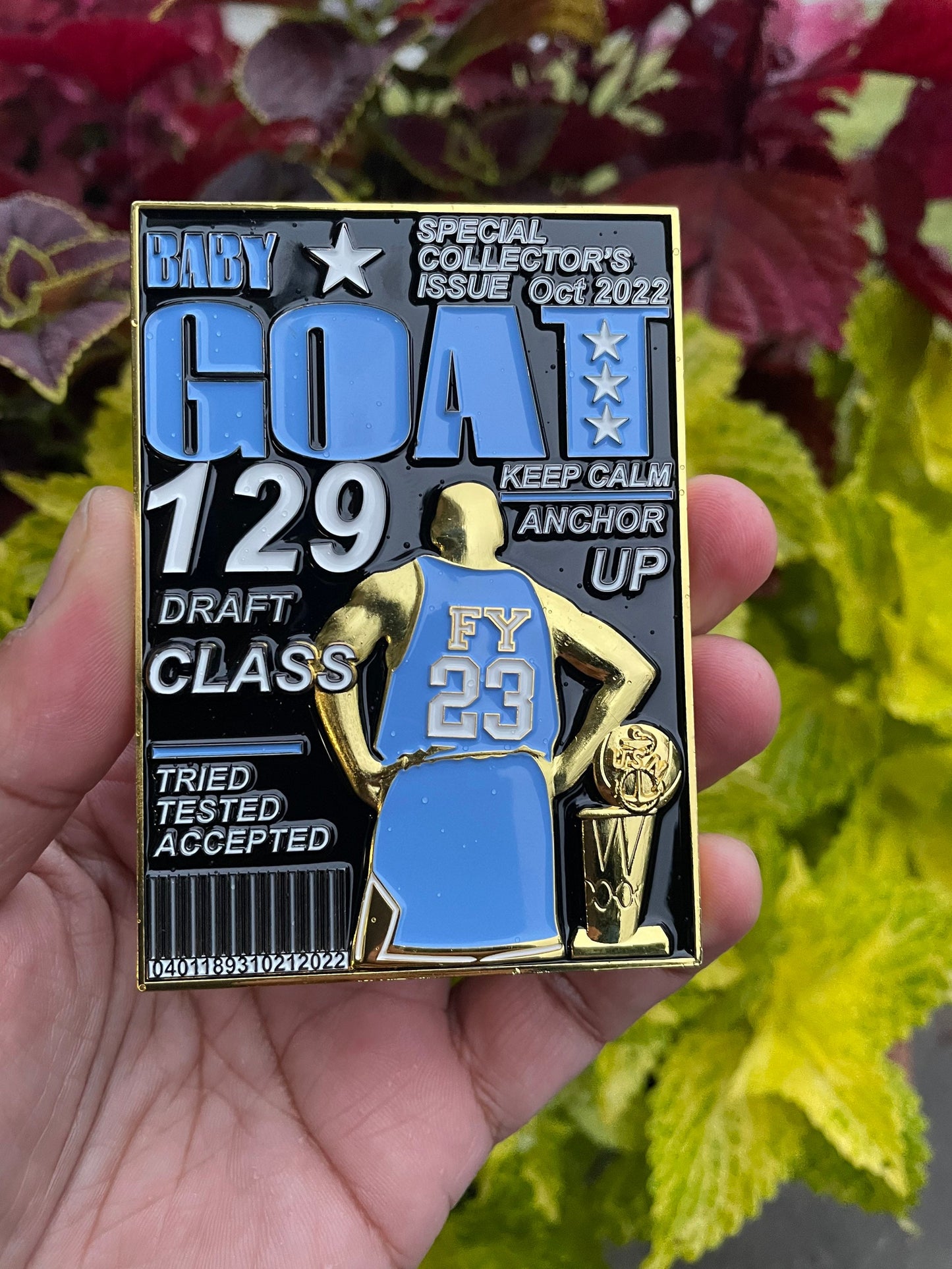 USN Class 129 FY 23 Baby GOAT Challenge Coin Tar Heel Carolina Blue Jersey)