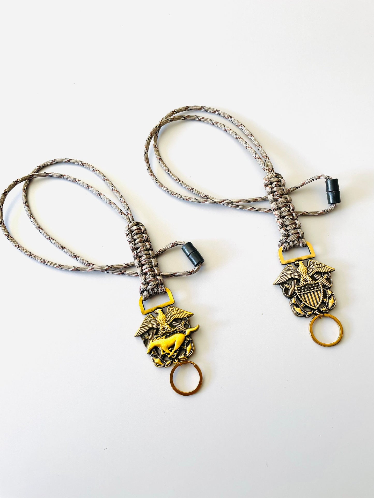US Naval Officer and Mustang Antique Gold Emblem with Desert Camo Paracord Neck Lanyard.