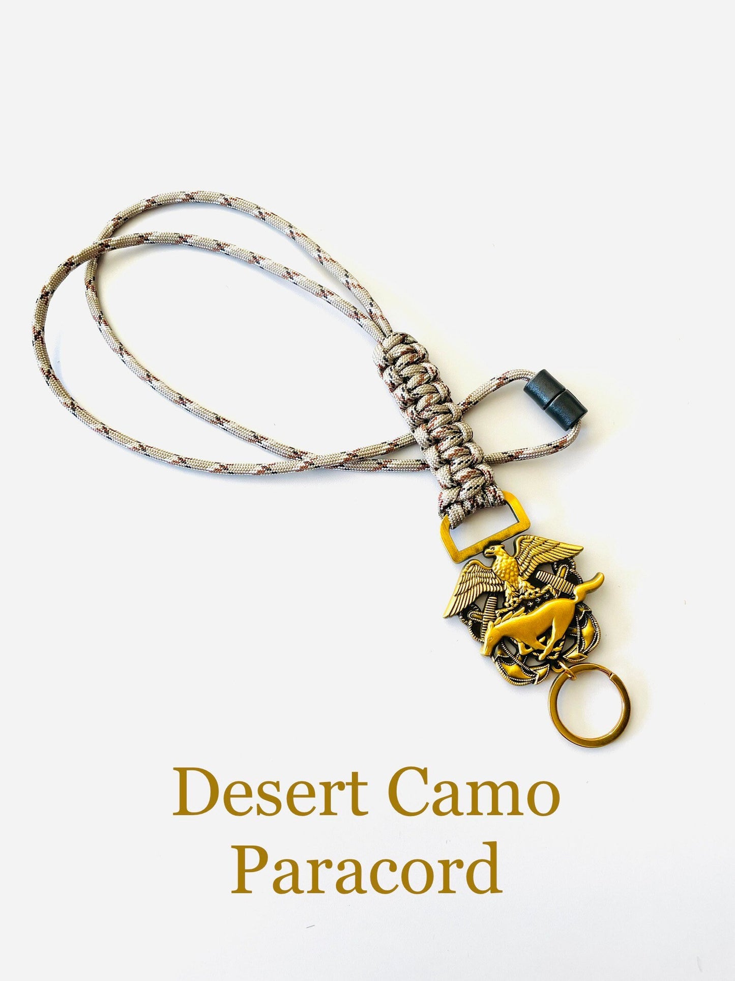 US Naval Officer and Mustang Antique Gold Emblem with Desert Camo Paracord Neck Lanyard.