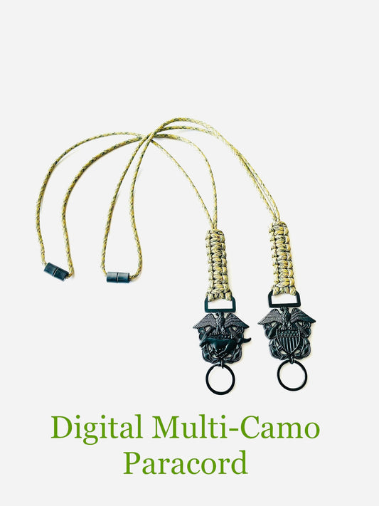 US Naval Officer and Mustang Black Emblem with Digital Multi Camo Paracord Neck Lanyard.