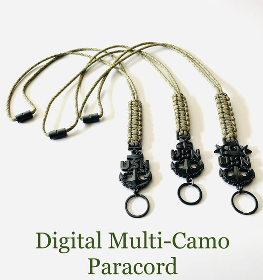 USN E7/E8/E9 Black Anchor with Digital Multi Camo Paracord Neck Lanyard.