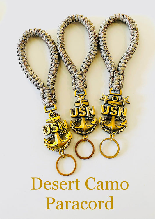 USN E7/E8/E9 Antique Gold Anchors with Desert Camo Paracord Keychain/Keyfob.