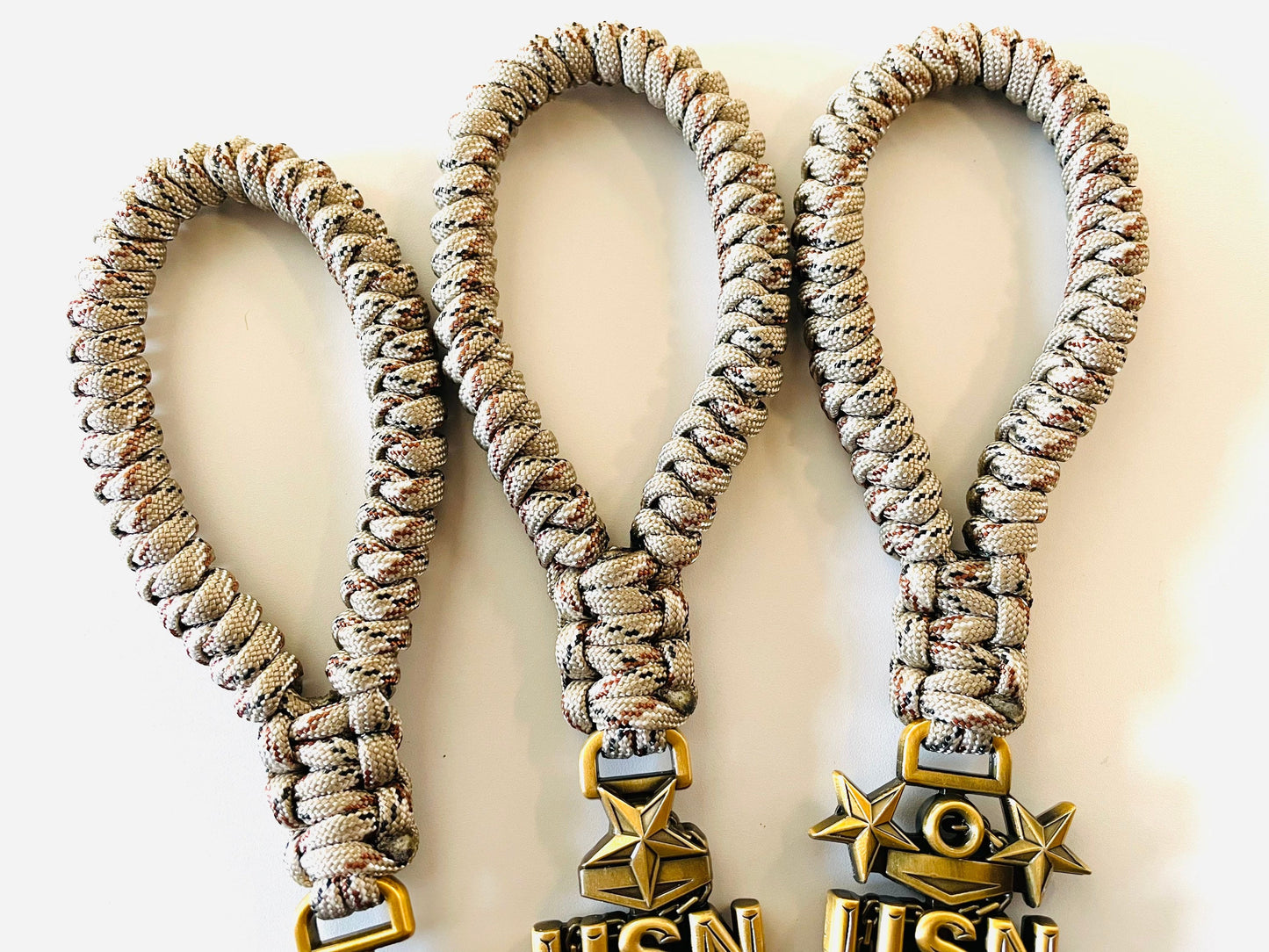 USN E7/E8/E9 Antique Gold Anchors with Desert Camo Paracord Keychain/Keyfob.