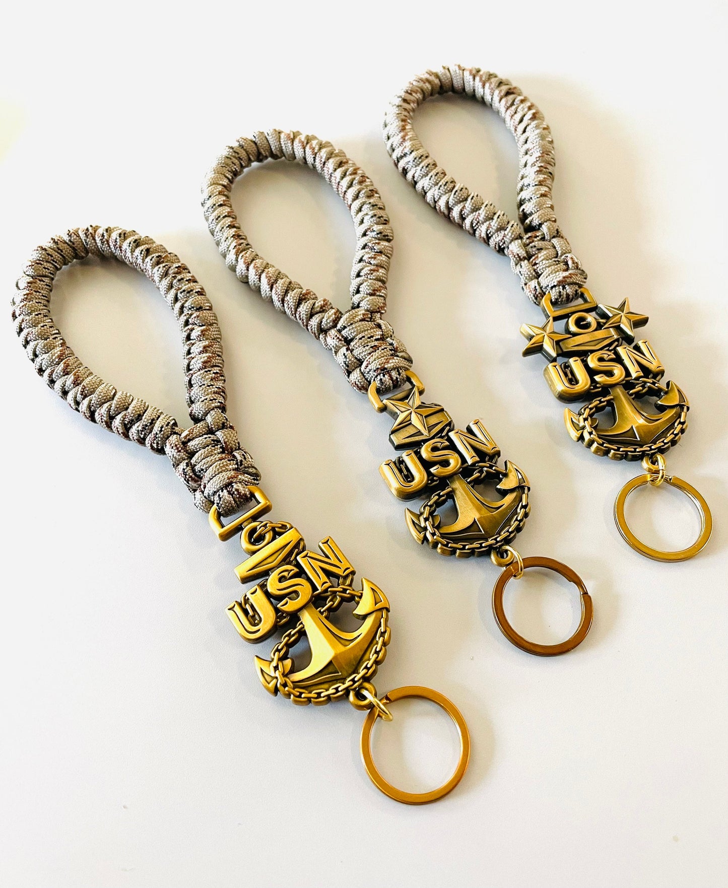 USN E7/E8/E9 Antique Gold Anchors with Desert Camo Paracord Keychain/Keyfob.