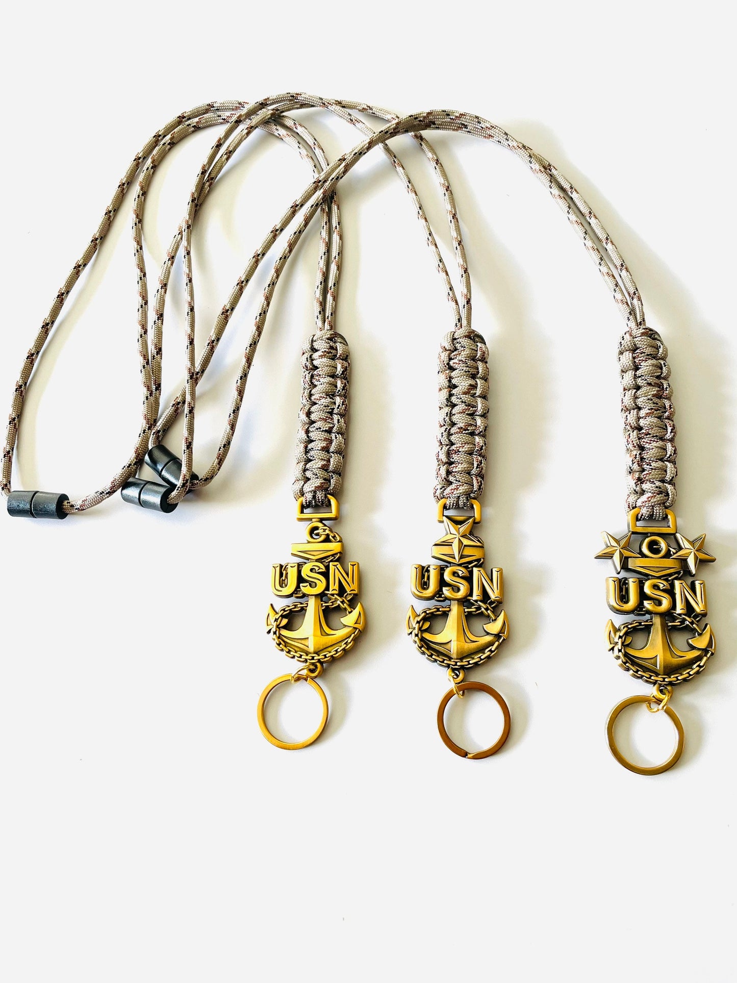 USN E7/E8/E9 Antique Gold Anchor with Desert Camo Paracord Neck Lanyard