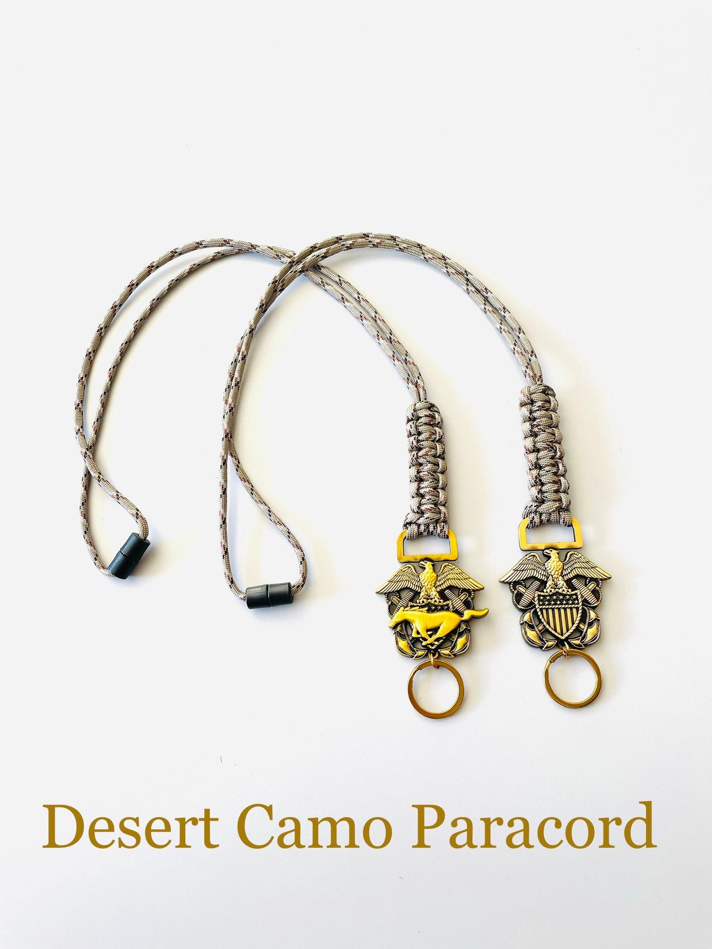 US Naval Officer and Mustang Antique Gold Emblem with Desert Camo Paracord Neck Lanyard.