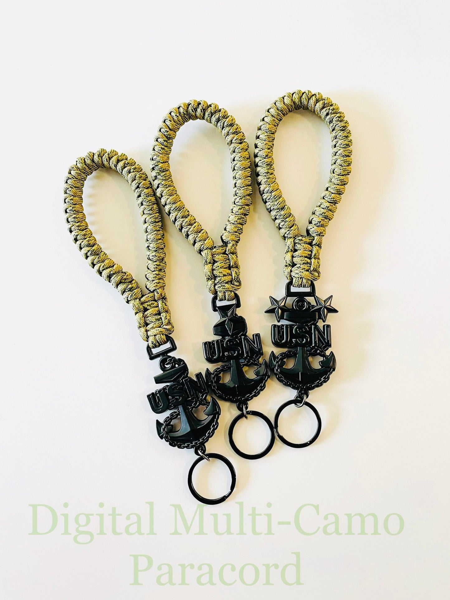 USN E7/E8/E9 Black Anchors with Digital Multi Camo Paracord Keychain/Keyfob
