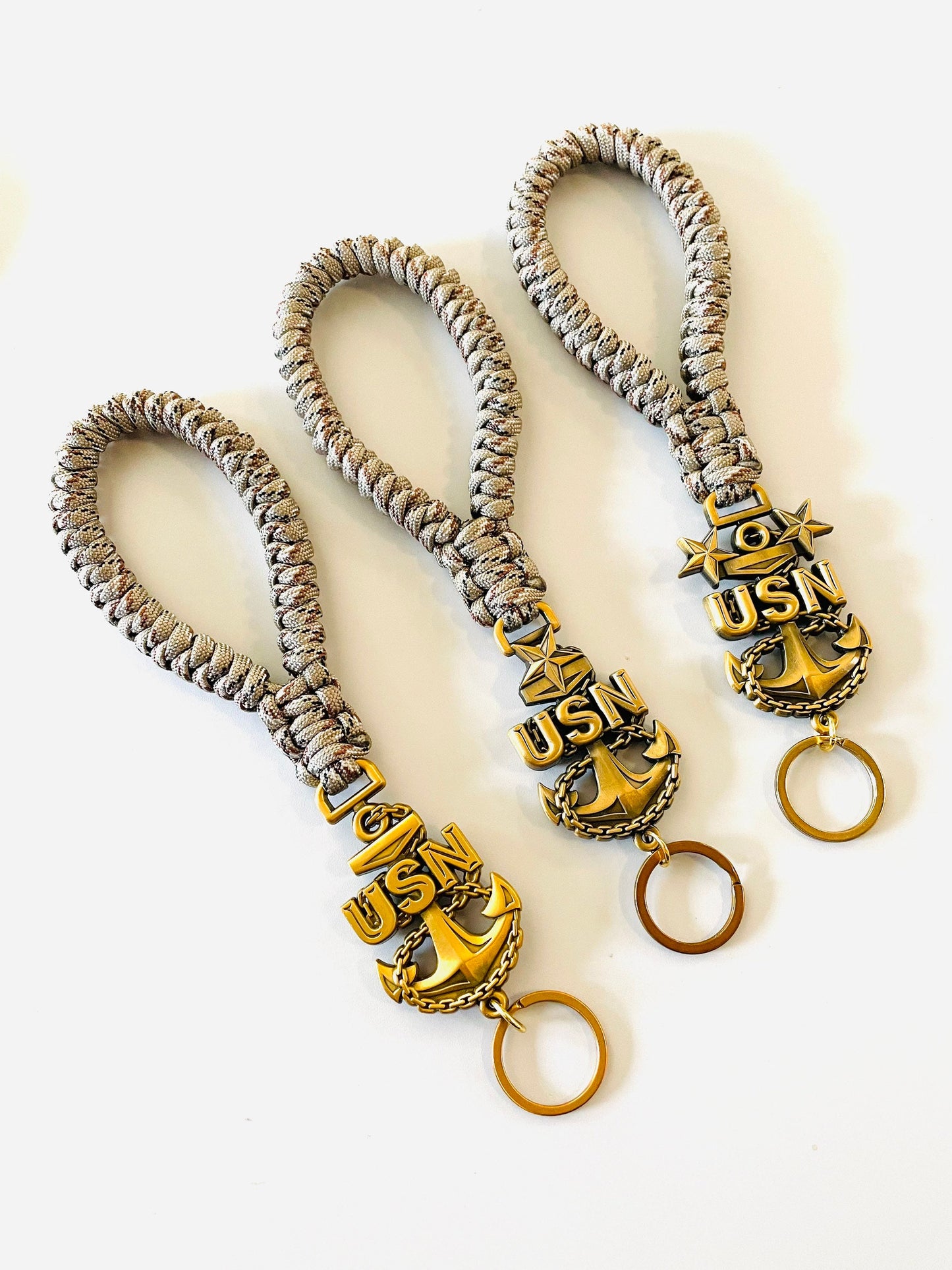 USN E7/E8/E9 Antique Gold Anchors with Desert Camo Paracord Keychain/Keyfob.