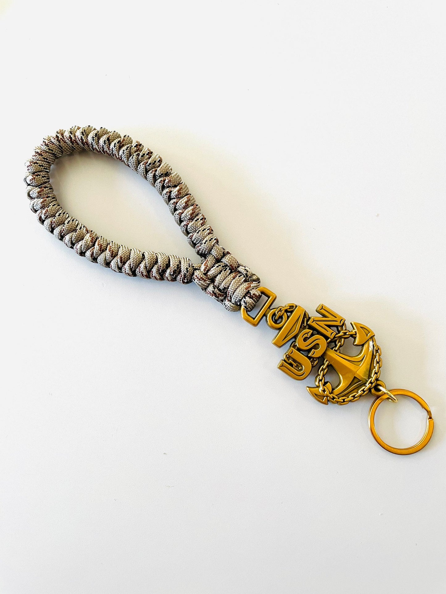 USN E7/E8/E9 Antique Gold Anchors with Desert Camo Paracord Keychain/Keyfob.