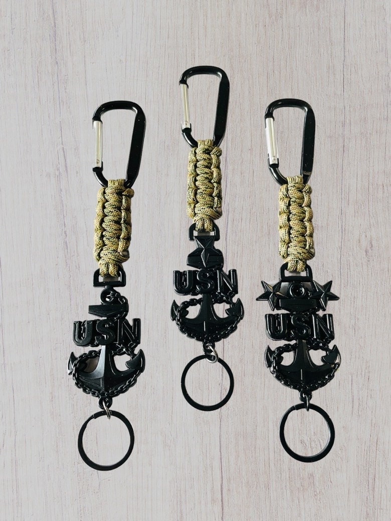 USN E7/E8/E9 Black Anchor with Digital Multi-Camo Paracord Keychain