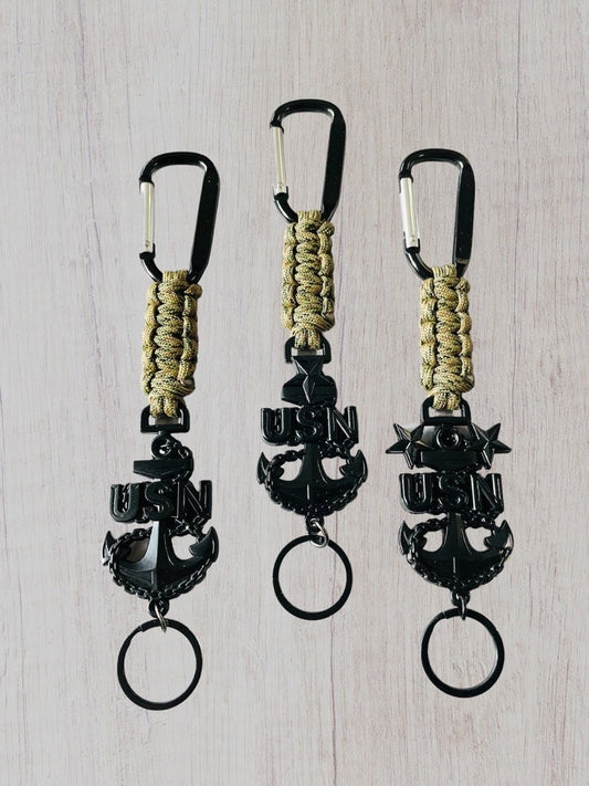 USN E7/E8/E9 Black Anchor with Digital Multi-Camo Paracord Keychain