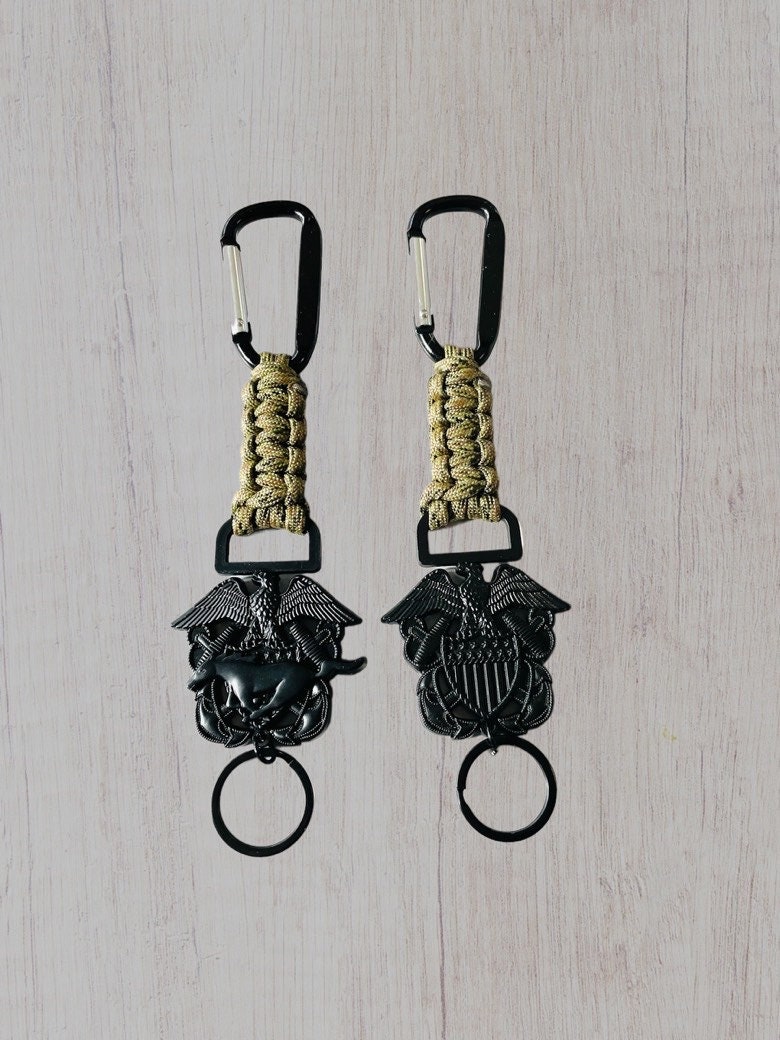 US Naval Officer and Mustang Black Emblem with Digital Multi Camo Paracord Keychains.