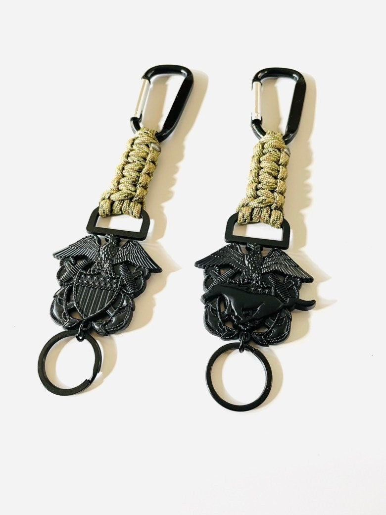 US Naval Officer and Mustang Black Emblem with Digital Multi Camo Paracord Keychains.