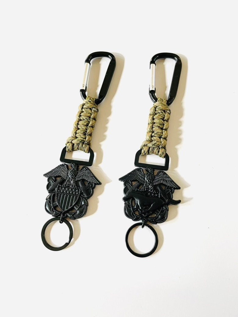 US Naval Officer and Mustang Black Emblem with Digital Multi Camo Paracord Keychains.