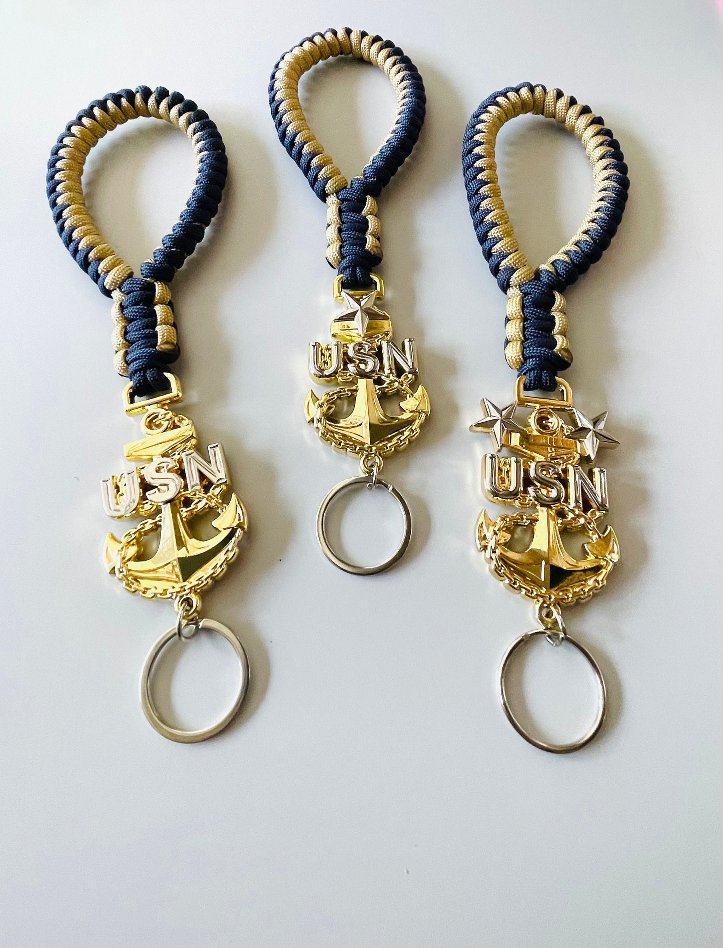 USN E7/E8/E9 Navy Blue and Gold Paracord Keychains/Keyfob