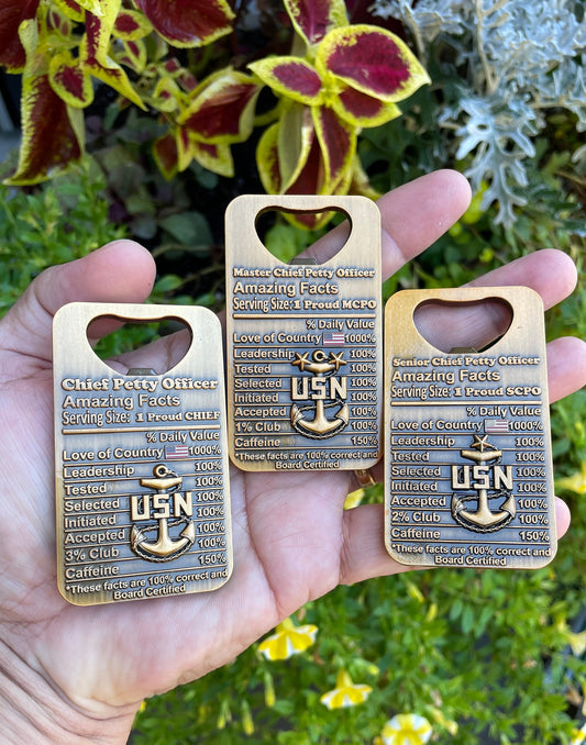 A gift for your Sponsor. 3” Chief, Senior Chief and Master Chief Bottle Opener/Coin Antique Gold