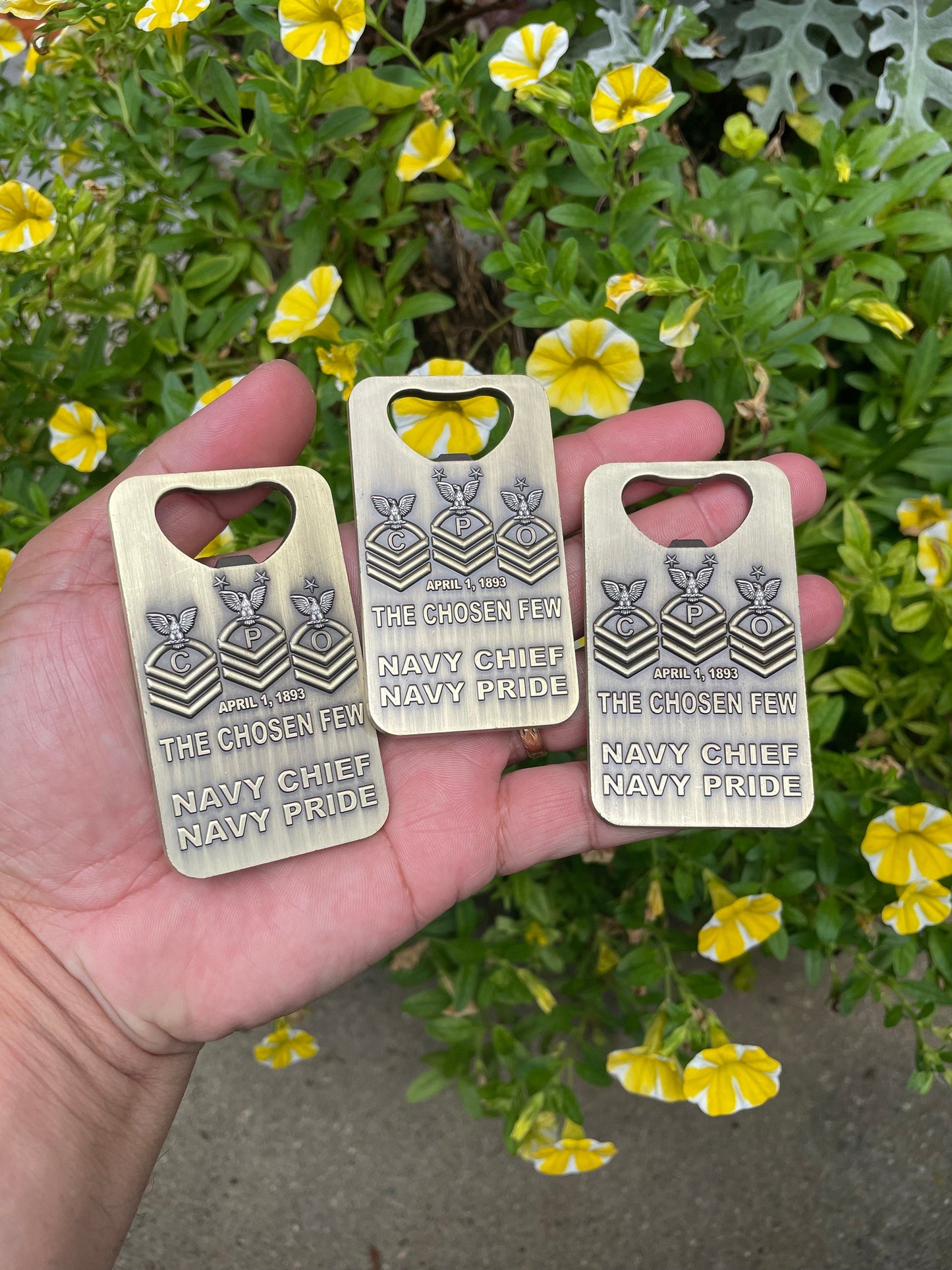 A gift for your Sponsor. 3” Chief, Senior Chief and Master Chief Bottle Opener/Coin Antique Nickel.