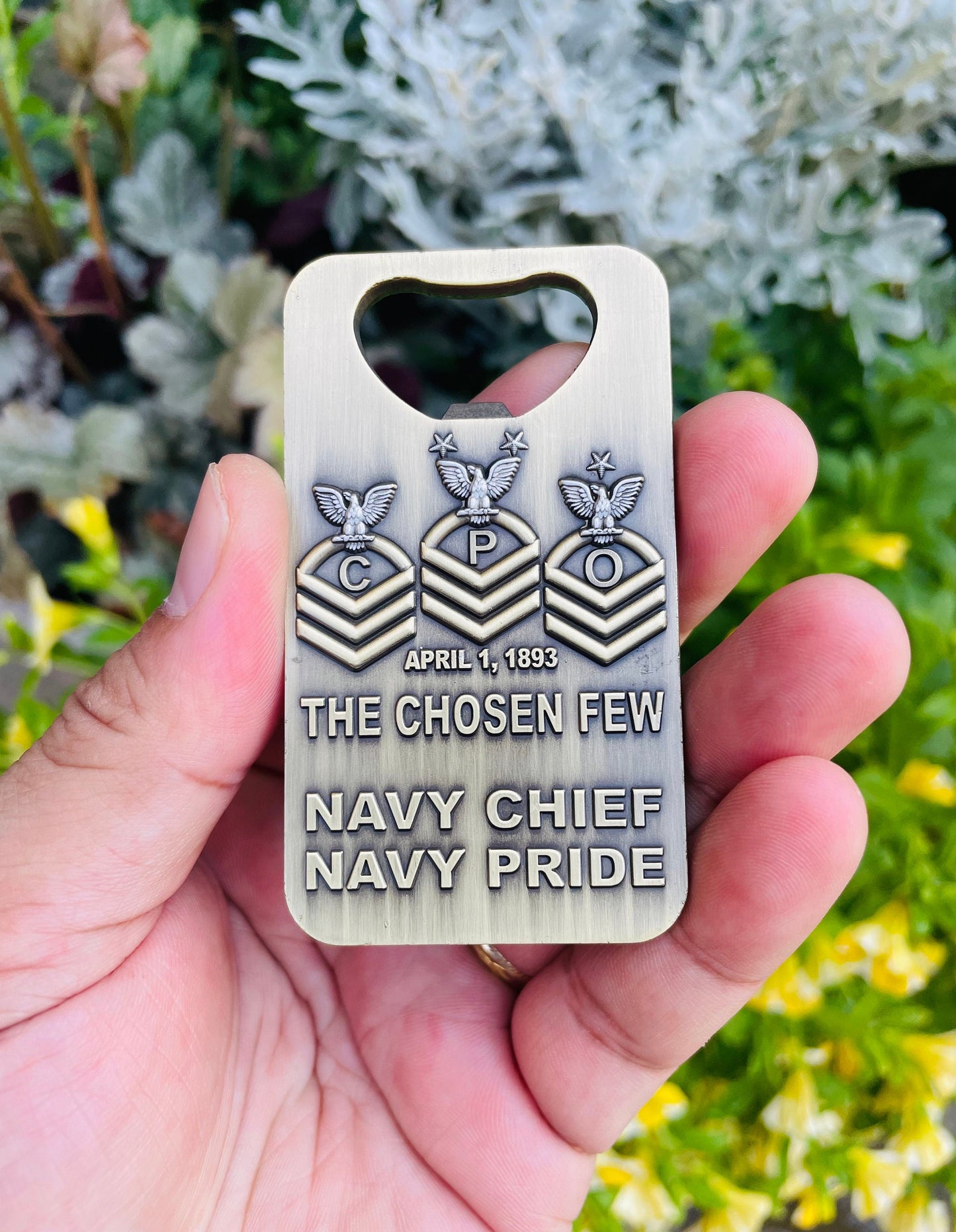 A gift for your Sponsor. 3” Chief, Senior Chief and Master Chief Bottle Opener/Coin Antique Nickel.