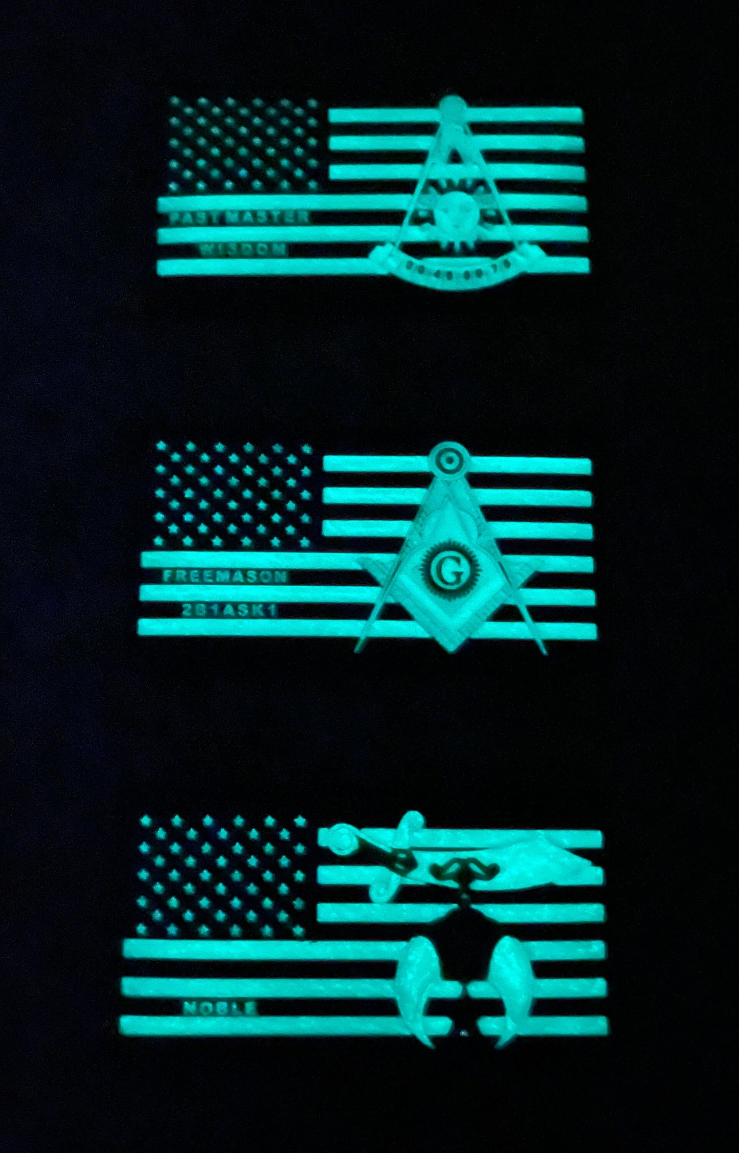 Freemason, Past Master and Shiners Glow in the Dark PVC Patches.