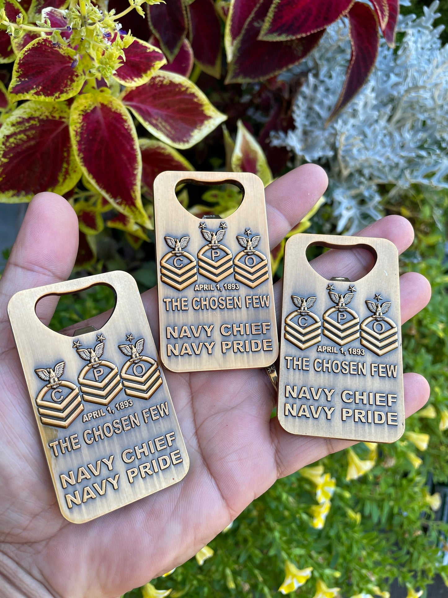 A gift for your Sponsor. 3” Chief, Senior Chief and Master Chief Bottle Opener/Coin Antique Gold