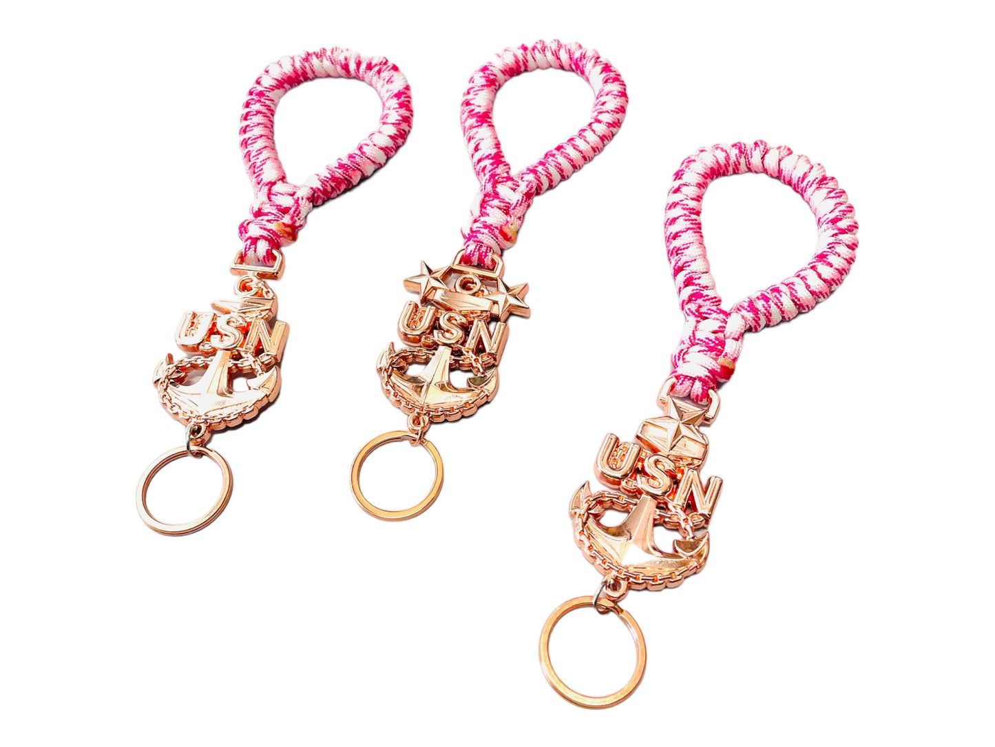 USN E7/E8/E9 Rose Gold Anchors with Breast Cancer Awareness Paracord Keyfob
