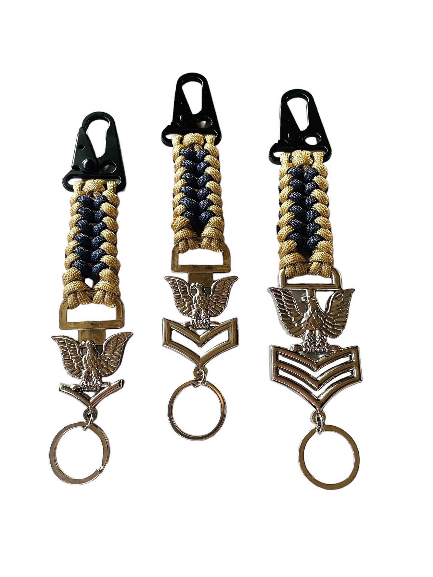 USN Third Class, Second Class and First Class Petty Offices Silver Crow with Sanctified Gold and Navy Blue Paracord Weave Keychains