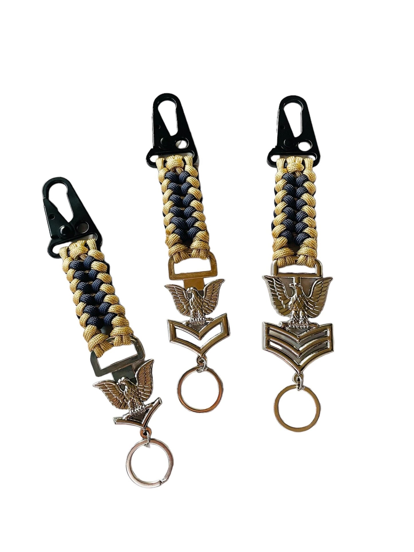 USN Third Class, Second Class and First Class Petty Offices Silver Crow with Sanctified Gold and Navy Blue Paracord Weave Keychains