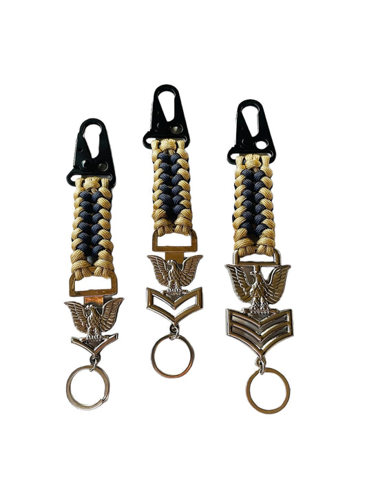 USN Third Class, Second Class and First Class Petty Offices Silver Crow with Sanctified Gold and Navy Blue Paracord Weave Keychains