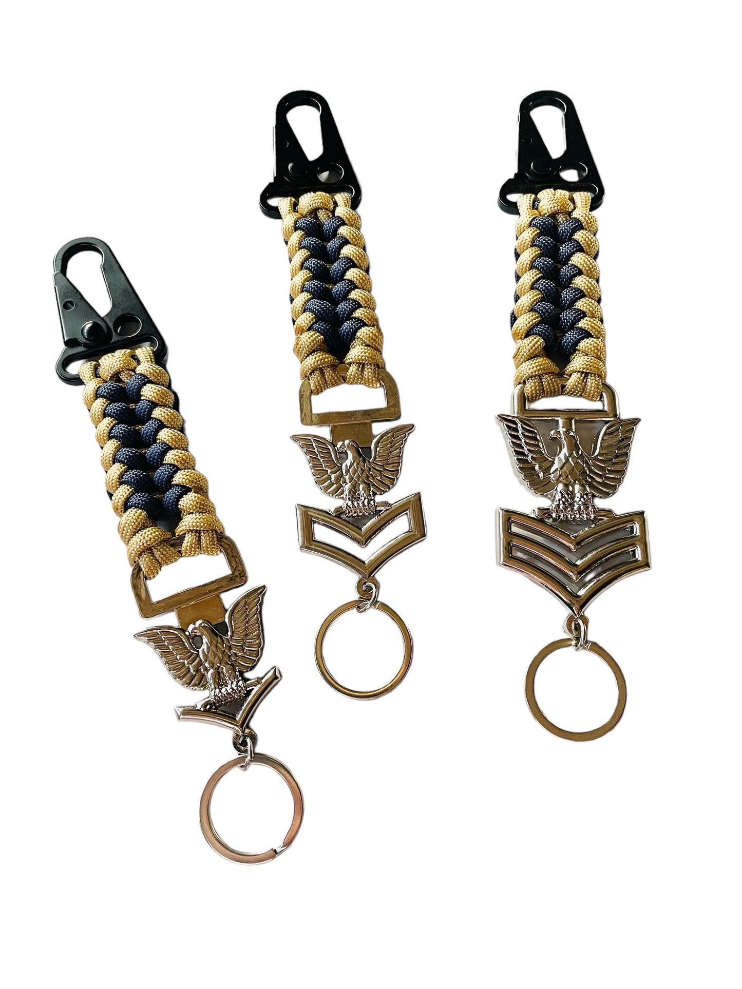 USN Third Class, Second Class and First Class Petty Offices Silver Crow with Sanctified Gold and Navy Blue Paracord Weave Keychains