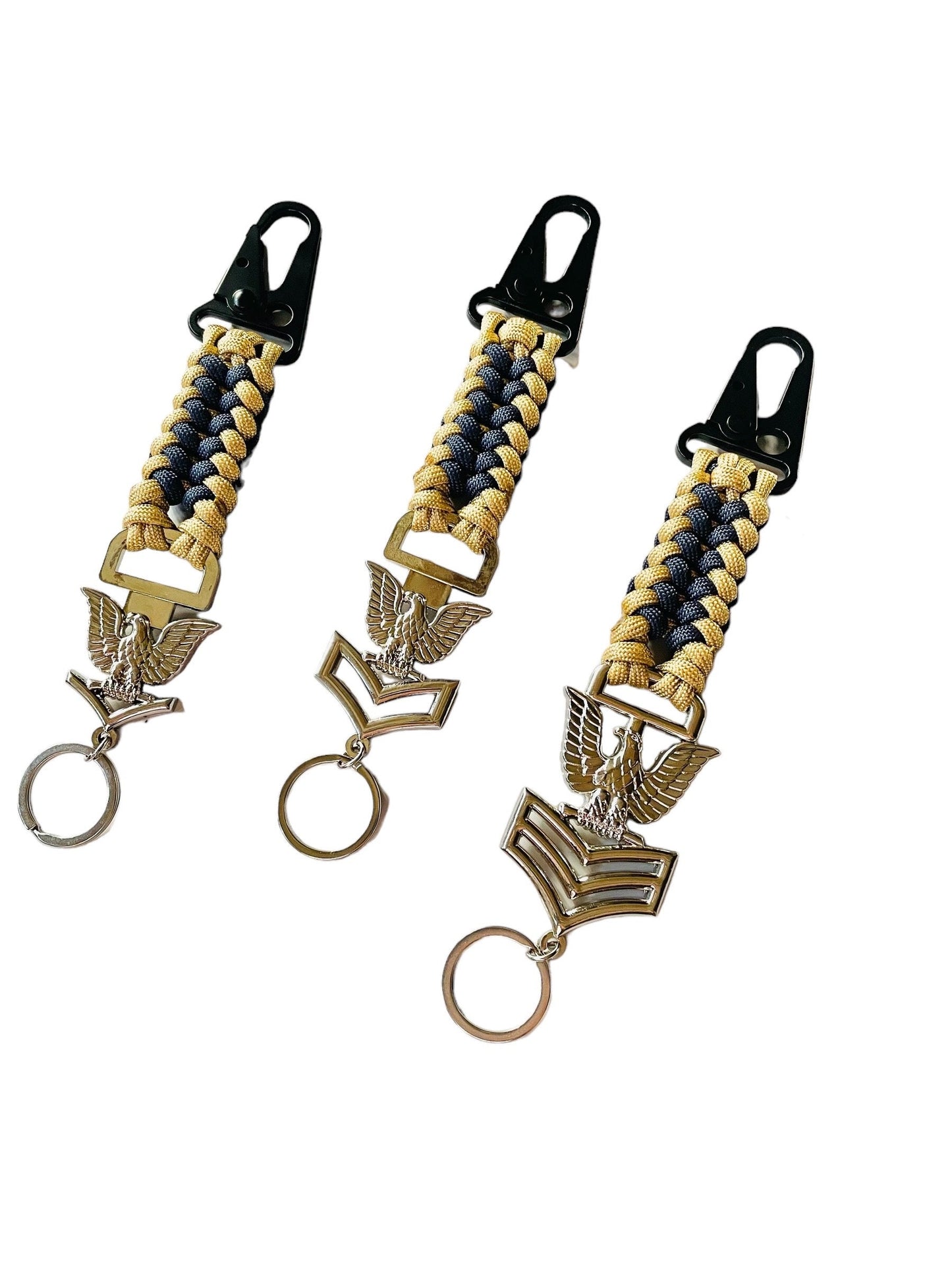 USN Third Class, Second Class and First Class Petty Offices Silver Crow with Sanctified Gold and Navy Blue Paracord Weave Keychains