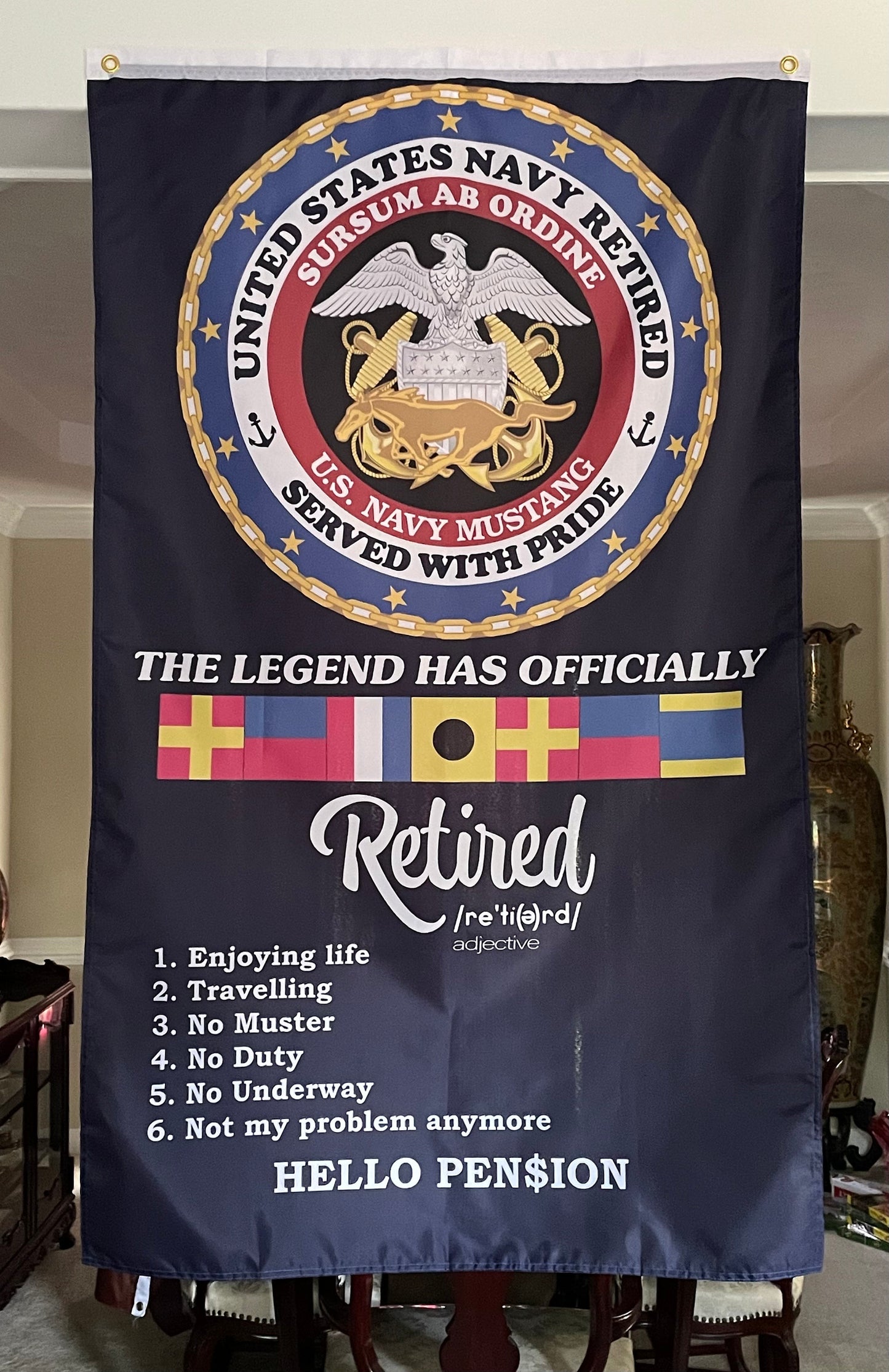 USN RETIRED All Hands, Naval Officer and Warrant Officer 5X3 Vertical Flag.