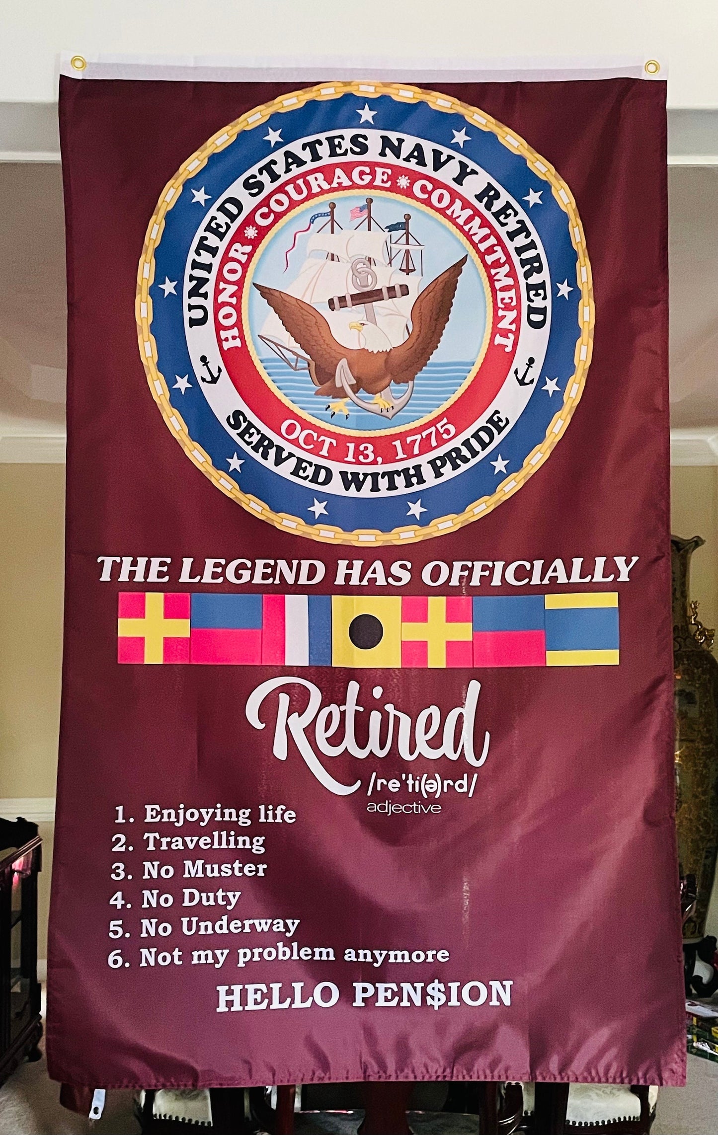 USN RETIRED All Hands, Naval Officer and Warrant Officer 5X3 Vertical Flag.