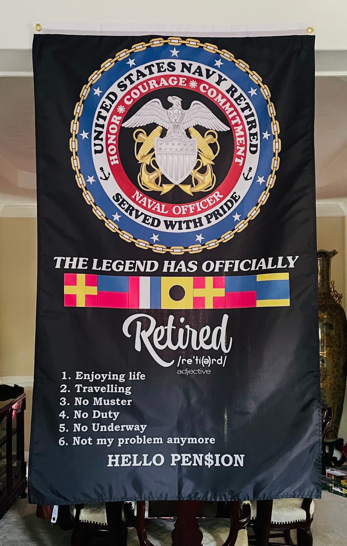 USN RETIRED All Hands, Naval Officer and Warrant Officer 5X3 Vertical Flag.